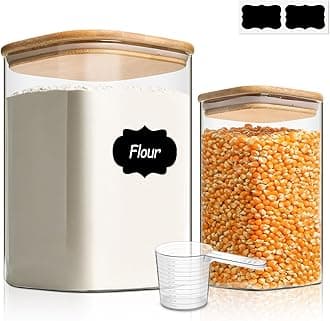 ComSaf 3.4L/1.1L Square Glass Jars with Bamboo Lids, Large Glass Storage Jars, Wide Mouth Food Storage Container with Airtight Lids for Flour, Sugar, Rice, Pasta, Oats, Grains, Snacks, Candy