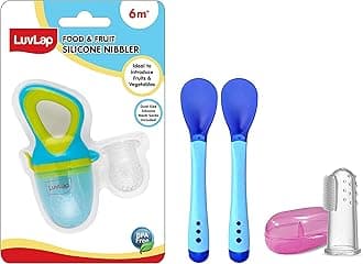 LuvLap Silicone Food/Fruit Nibbler, Elegant Blue & Tiny Love Heat Sensitive Baby Feeding Spoons Set, Blue & LuvLap Baby Silicone Finger Toothbrush with case for Easy Cleaning