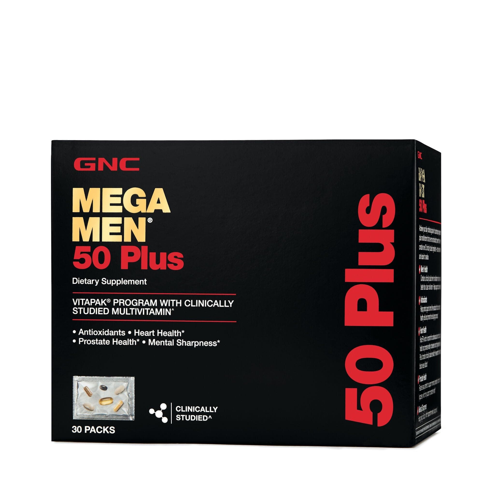 GNCMega Men 50 Plus Vitapak Program, Convenient Complete Nutrition, 5 Products in 1 Vitamin Pack, Multivitamin, Fish Oil, Mental Sharpness, Ginkgo, Prostate Health, 30 Packets, 30 Day Supply