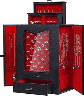 HomdeJewelry Organizer with Transparent Window Necklace Hooks Gift for Women Jewelry Box Display Case for Necklaces Rings Earrings Bracelets and Other Jewelry Accessories (Black + Red)