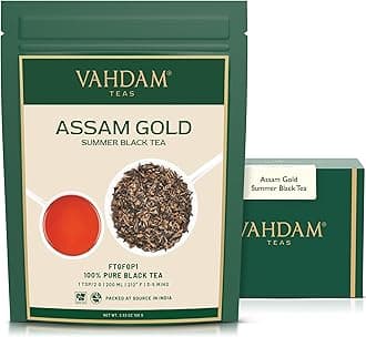 Assam Gold Second Flush (50 Cups) | RICH & MALTY ASSAM TEA Loose Leaf | 100% PURE UNBLENDED Black Tea Loose Leaf | Black Tea Leaves with GOLDEN TIPS | Brew as Hot, Iced Tea or Latte | 3.53oz