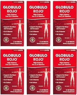 Globulo Rojo Iron Supplement - Dietary Supplement Pills with High Potency Iron & B Vitamins, 60 Tablets - 6 Pack