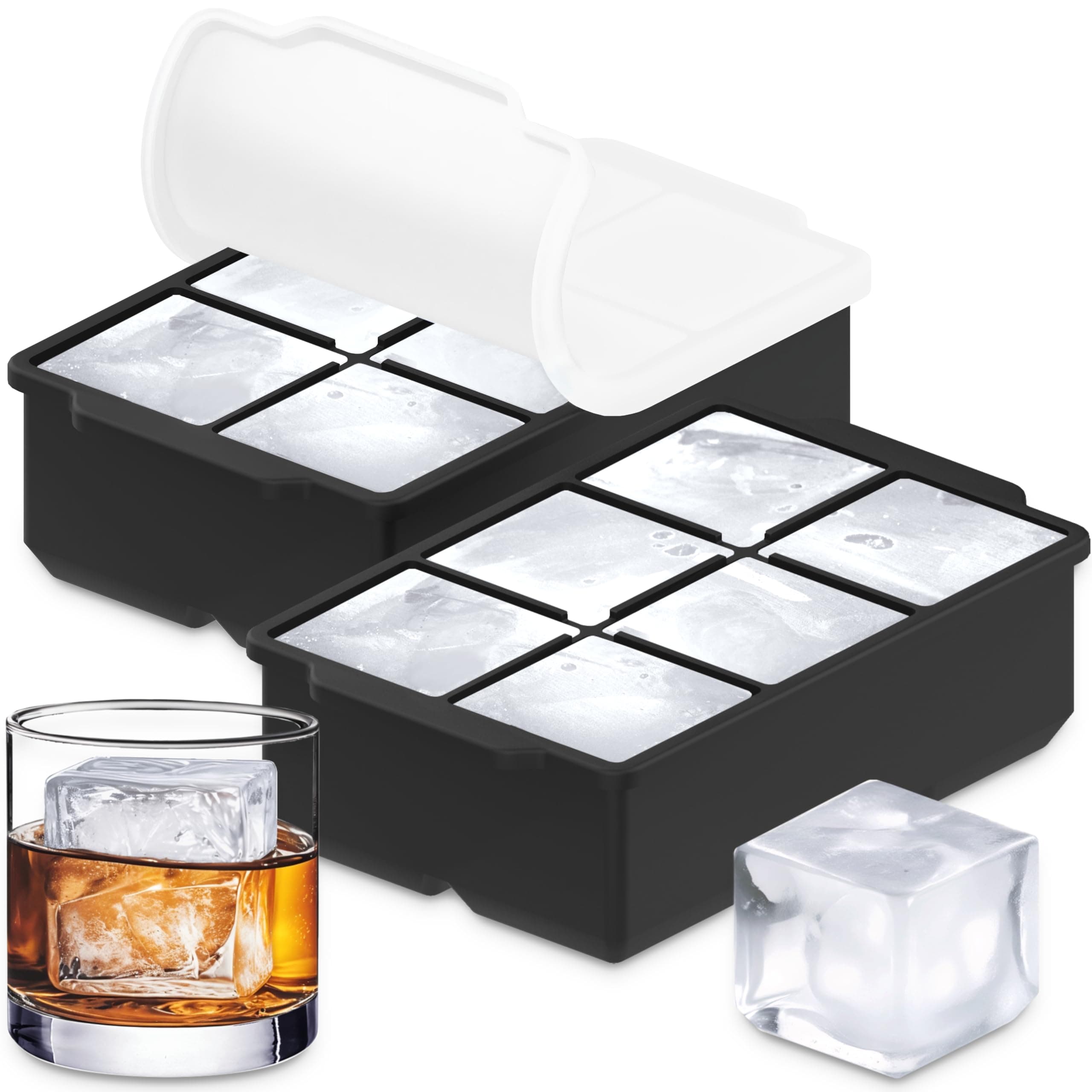 Large Silicone Ice Cube Tray (2-Pack), Easy Release 2" Big Ice Cubes - Cocktail, Whiskey Ice Cubes Mold - Ice Trays for Freezer with Lid - Stackable Silicone Ice Tray - Black