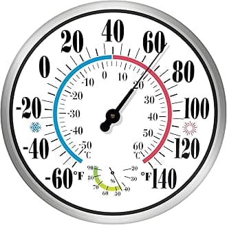 12'' Indoor Outdoor Thermometer Hygrometer - Premium Steel Outdoor Thermometer Large Numbers, Hanging Wall Thermometer Hygrometer for Home, Garden, Patio (No Battery Required)
