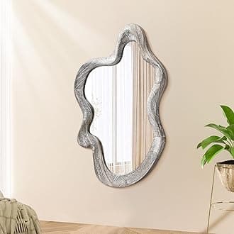 Large Asymmetrical Wall Mirror Irregular Wood Frame Modern Unique Wall-Mounted Artistic Wavy Mirrors Decor Bathroom Vanity Bedroom Living Room Entryway Hallway