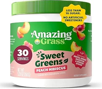 Amazing Grass Sweet Greens and Superfoods Powder for Digestive Health, Greens Powder, Digestive Enzymes, Probiotics, Spirulina, Chlorella, Peach Hibiscus, 30 Servings