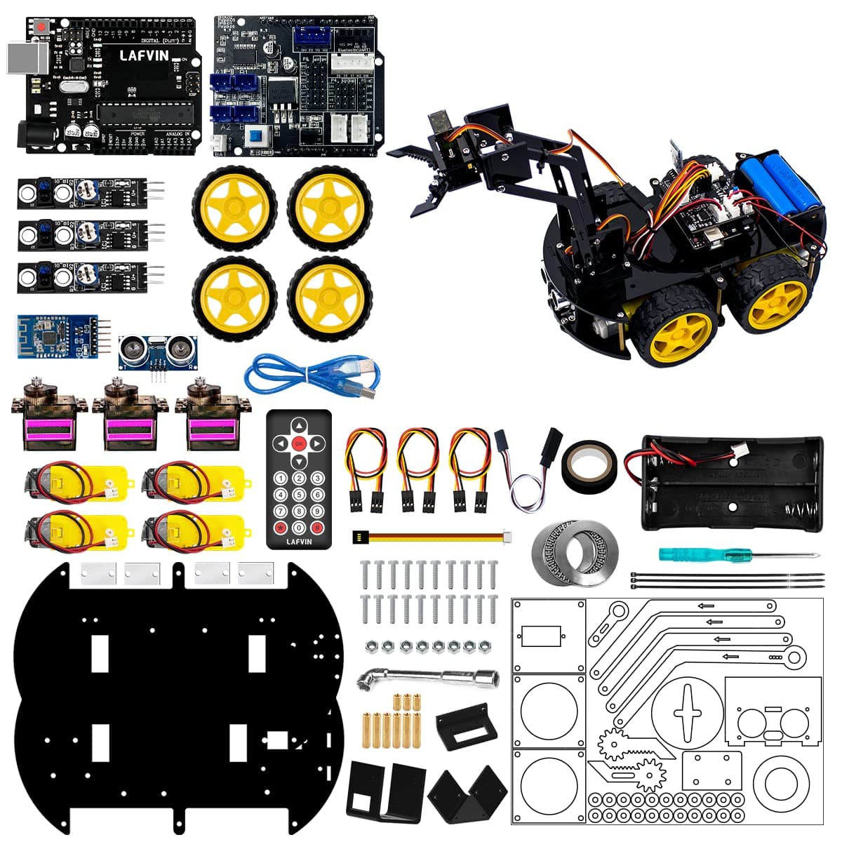 LAFVIN Mechanical 4WD Robot Arm Smart Car Kit - STEM/Graphical Programming Robot Car Compatible with Arduino IDE - Tutorial Included