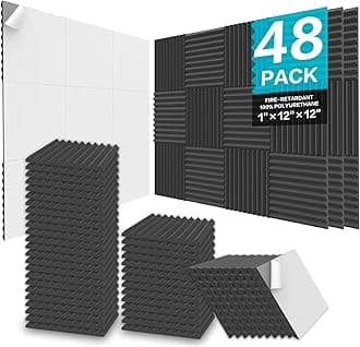 JBER Acoustic Foam Panels, 48 Pack 12x12x1 Inch Upgraded Self-Adhesive Soundproof Wall Panels Sound Absorbing Panel Treatment for Home Office Studio - Black