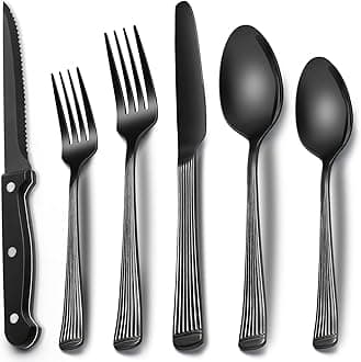 Black Hammered Silverware Set With Steak Knives, 24-Piece Stainless Steel Roman Column Flatware for 4, Food-Grade Tableware Cutlery, Utensil Set for Home Restaurant, Mirror Finish