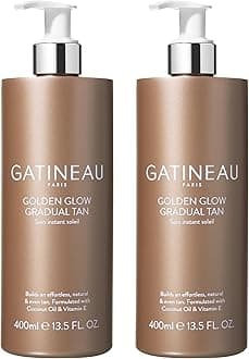 GATINEAU Golden Glow Gradual Tan - 400ml x2, Self Tan Lotion + 2 in 1 Body Moisturiser, Quick Dry Easy Application, Coconut Oil & Vitamin E, Buildable Natural Tan, Dermatologist Tested & Cruelty Free