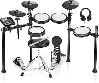 Donner DED-200 Electric Drum Sets with Quiet Mesh Drum Pads, 2 Cymbals w/Choke, 31 Kits and 450+ Sounds, Throne, Headphones, Sticks, USB MIDI, Melodics Lessons (5 Pads, 3 Cymbals)