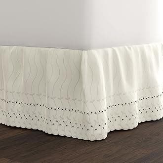 FRESH IDEAS Ruffled Eyelet Bed Skirt Dust Ruffle with Gathered Styling and Embroidered Details, 14" Drop Length, Queen, Ivory