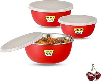 URBAN CHEF Mixing Bowl Set of 3 Stainless Steel (500ml, 800ml,1250ml) | Microwave Safe & Dishwasher Safe | Bowl Set with Lid for Gift | Bowls for Snacks | Serving Bowls Kitchen Accessories -Red