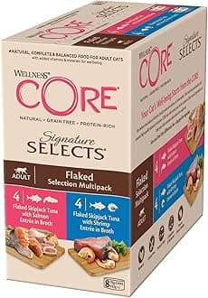 Wellness CORE Signature Selects 8 x 79g, Tuna, Salmon & Shrimp Mix – Wet Cat Food, Delicious Flakes in Broth, Grain-Free, Natural, Hypoallergenic, Protein-Rich, High Fish Content