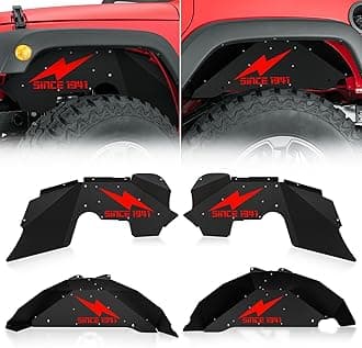 Front & Rear Inner Fender Liners Compatible with 2007-2018 Jeep Wrangler JK & JKU Unlimited Sport Sahara Rubicon, Steel Mud Guards Red Lightning Logo Wheel Well Cover Fenders Flares (2/4 Doors)