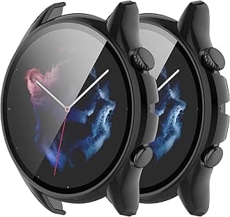 E ECSEM [2Pack] Case Compatible with Amazfit GTR 3 & GTR 3 Pro, Case with Screen Protector [Tempered Glass] Full Around Hard PC Protective Case for Amazfit GTR 3 Smartwatch,Black