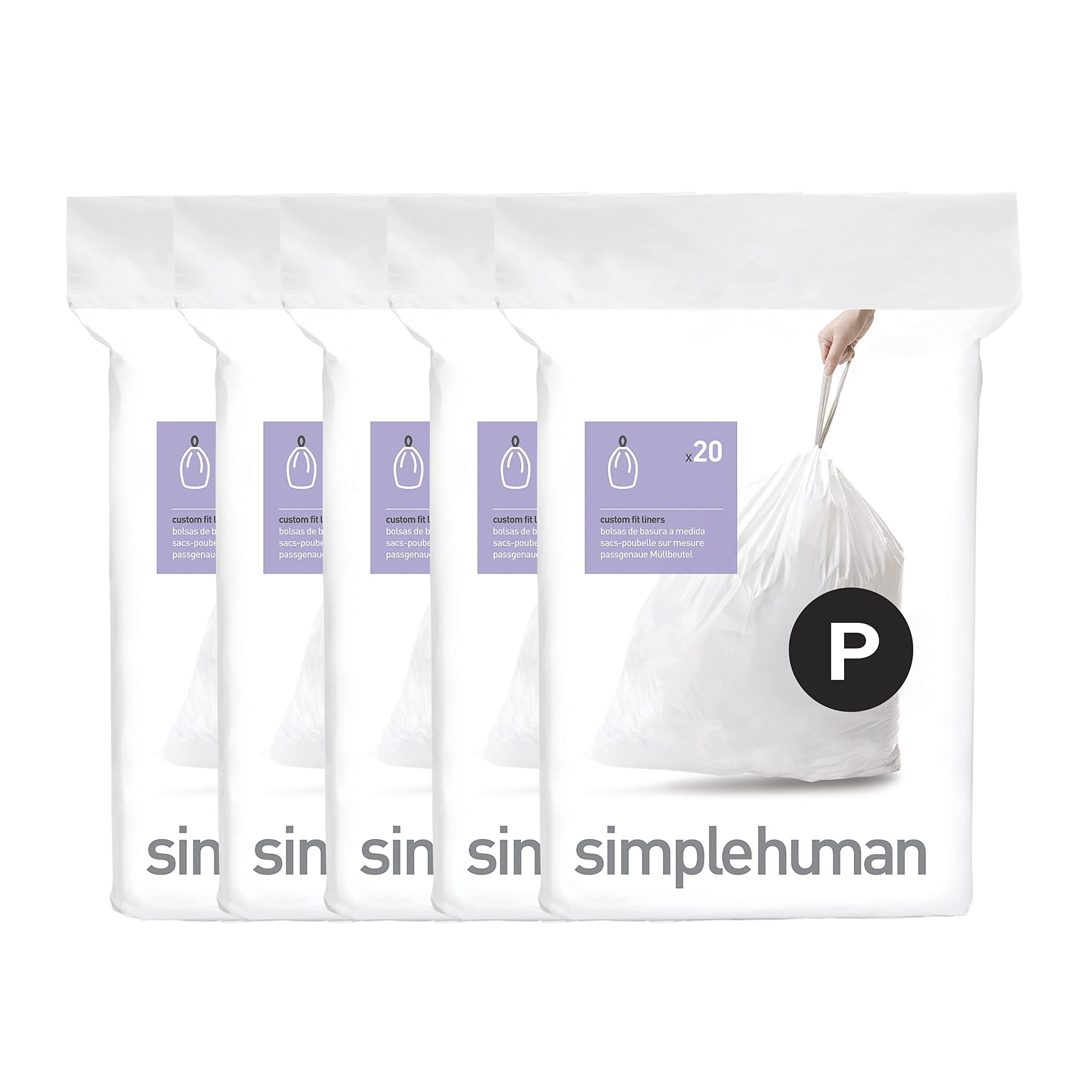 simplehuman Code P 100 Count, Dispenser Pack Custom Fit Liners, Drawstring Trash Bags, 50-60 Liter / 13-16 Gallon, White