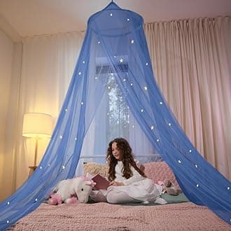 Blue Bed Canopy with Glow in The Dark Stars for Girls, Boys, Kids and Babies, Net Use to Cover The Baby Crib, Kid Bed, Girls Bed Or Full Size Bed, Fire Retardant Fabric