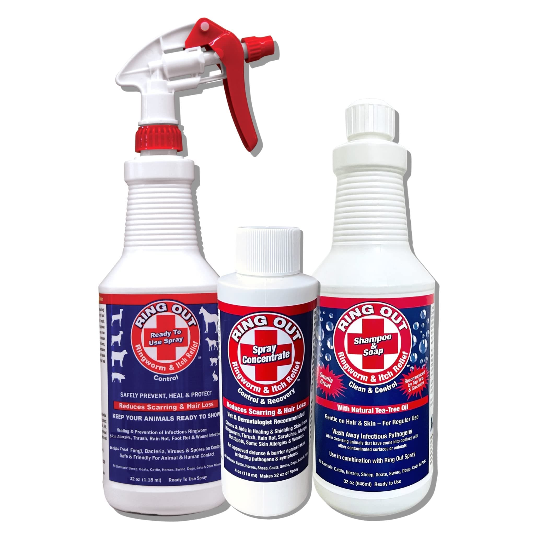 Ringworm Prevention Pack for Large and Small Animals - Control and Help Ringworm for Goats, Cattle, Horses, All Pets and Livestock. Ring Out, Ring Out Shampoo and Empty 32 oz Spray Bottle
