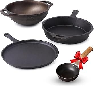 - Pre-Seasoned Cast Iron Cookware Set | Tawa(25.2cm), Fry Pan (25cm), Wok Model Kadai (20.8cm) & Tadka Pan (16.4cm) | Kitchen Cooking Combo Pots and Pans Set of 4Pcs Black