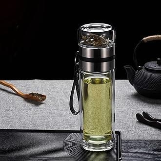 450ml Tea Infuser Bottle Glass Tea Infuser Silver Double Wall Glass Tea Cup with Stainless Steel Filter Double Wall Borosilicate Glass