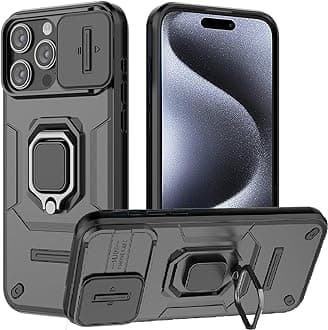 for iPhone 15 Pro Max Case with Sliding Camera Cover and 360° Rotate Ring Kickstand Heavy Duty Protective Shockproof Protective Phone Case for iPhone 15 Pro Max Cover,Black