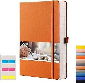 EMSHOI Lined Journal Notebook - 120gsm Thick Leather Journal with Sticky Notes, 256 Numbered Pages A5 Hardcover College Ruled Notebook for Women Men Work School Writing, Medium 5.75" x 8.38"-Orange