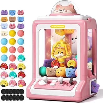 Claw Machine for Kids, Mini Vending Machine with Game Coins & Music, Prize Dispenser Toys for Girls and Boys, Electronic Claw Game Machine for Party Birthdays, Includes 35 Mini Toys (Doggy Pink)