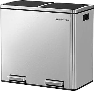 SONGMICS LTB48NL 2 Compartment Pedal Bin for Kitchen 2 x 24 L Soft Close Plastic Inner Bucket with Foot Pedals and Handles Silver LTB48NL, 65 x 62.5 x 42 cm