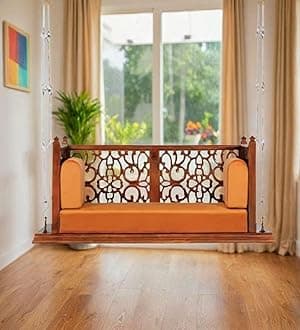 Jairi Traders Wooden Swing (4ftx2ft) Solid Wooden Hanging with Hand Rest and Back Support Jhula Wooden Swing (with Silver Chain Assesories) Hand and Back Jhali Carving