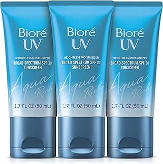 - Biore UV Aqua Rich SPF 30 PA+++ Daily Moisturizer Sunscreen for Face, For Sensitive Skin, Oil Free, Hyaluronic Acid, Vegan, Oxybenzone & Octinoxate Free, Dermatologist Tested, 1.7 Oz/3pk