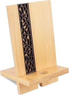 Mobile Stand Japanese Style Cellphone Holder Desktop Organizer Charging Station Compatible with All Smartphones Tablets Natural Bamboo Wood Portable Adjustable Angle (PATTERN-2HOLES)