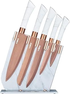 Tower T81534WR Kitchen Knife Set with Acrylic Knife Block, Stainless Steel with Soft Touch Handles, White Marble and Rose Gold, 5 Piece
