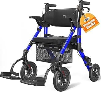 VOCIC Transport-Wheelchair-Lightweight-Foldable, Walker Wheelchair Combo, Rollator-Walkers-for-Seniors-with-Seat, 2 in 1 Rolling Walker, 300lb Adults 4 Wheel Transport Chair w/Brakes & Pouch