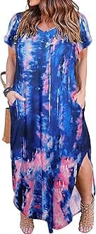 Kancystore Women's Plus Size Dresses Casual Loose Pocket Short Sleeve Slits Plus Size Long Maxi Dress XL-5X