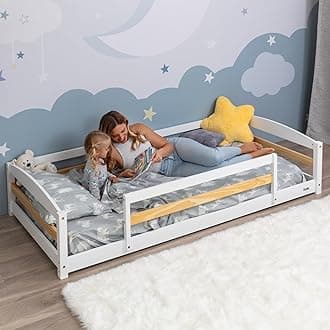Ocodile Twin Floor Bed with Safety Guardrails for Kids, Montessori Inspired with Rails and 2 Openings, Twin Size Bed Frame for Girls and Boys - White