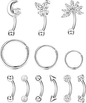 12pcs 16G Rook Piercing Jewelry Eyebrow Rings Stainless Steel Belly Lip Ring Cartilage Hoop Rook Daith Earrings Tragus CZ Body Piercing Curved Barbell