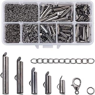 Beadthoven 490pcs 5 Sizes Gunmetal Iron Slide On End Clasps with Chain Extender & Jump Rings & Lobster Claw Clasps Tube Crimp Cord Ends Finding for Jewelry Making 10mm/13mm/16mm/20mm/25mm