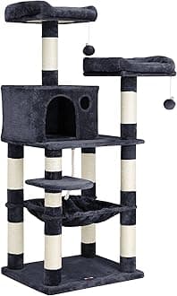 FEANDREA Cat Tree, Cat Tower for Indoor Cats, 56.3-Inch Cat Condo with Scratching Posts, Hammock, Plush Perch, Smoky Gray UPCT15GYZ
