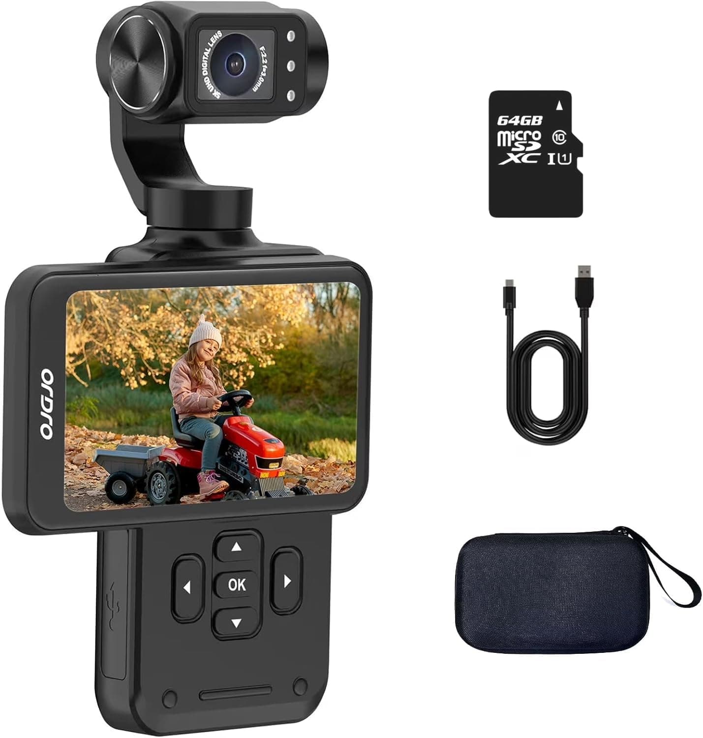 ORDRO M5 Vlogging Camera 3-Axis Gimbal Stabilizer, 5K Handheld Camera 3.5'' Rotatable Touchscreen 120° Wide Angle, IR Night Vision Function, Fast Focusing,Face Tracking for YouTube Vlogs, 64G Card