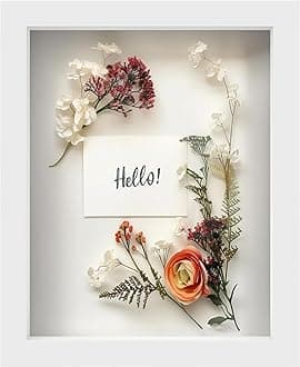 FrameWorks 8” x 10” White Wooden Shadow Box Frame – Soft Felt Back, Tempered Glass, and Included Elegant White Ball Push Pins