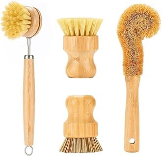 Bamboo Dish Brushes Sets 4 Tools in One Kitchen Clean Dish Scrubber for Pots Pans Bottles with Natural Bristles (Bamboo Brushes Sets)