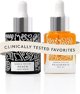 Naked + Thriving & The Night Set | Renew Resurfacing Night Serum (30 mL) Rejuvenate Restorative Face Oil (35 mL) with Hyaluronic Acid, Argan & Sea Buckthorn Oils and Fruit AHAs (Set of 2)