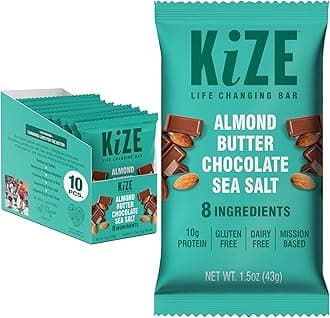 KiZE Energy Bars - Gluten Free, Dairy Free, Non-GMO, & High Protein Meal Replacement Energy Bars, Clean Food Ingredients - (VEGAN) Almond Butter Chocolate Sea Salt, 8g High Protein Snacks, (10 Count)