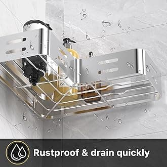 Corner Shower Caddy, No Drilling Bathroom Storage with Razor Holder, 2 Hooks, Organiser (Silver)