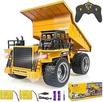 HuiNa Remote Control Construction Dump Truck Toy 2.4G RC 6 Channel Bulldozer 4 Wheel Driver Mine Construction Alloy Metal Vehicle Truck 1:18 with 2 Rechargeable Batteries for Boys Birthday Xmas Gift