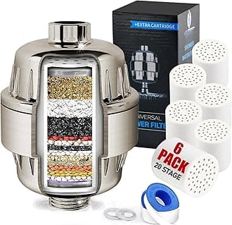Shower Filter for Hard Water Brushed Nickel - 6 Replacement Cartridges -20 Stage - Showhead Water Softener to Remove Chlorine and Fluoride