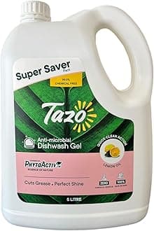 - Tazo Dishwash Gel Liquid (5 Litre Pack of 1), Antimicrobial Dishwasher Liquid Effective On Grease & Oil, Biodegradable & Plant Powered, Safe Dish Cleaner For Baby Bottle & Utensils, Kills 99.99% Germs