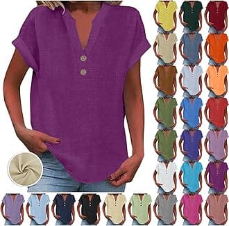Ladies Tops 2025 Women's Summer Cotton Linen Cap Sleeve T-Shirt Button V Neck Tunic Tops Fashion Baggy Solid Plain Shirts Trendy Blouse 1