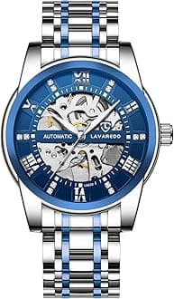 A ALPSMens Watch Skeleton Luxury Mechanical Stainless Steel Waterproof Black Automatic Self-Winding Roman Numerals Diamond Dial Wrist Watch